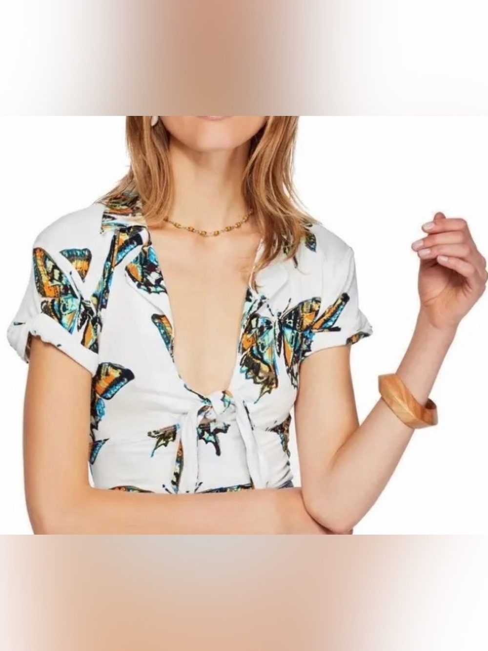 Free People Tie Front Butterfly Print Crop Top
